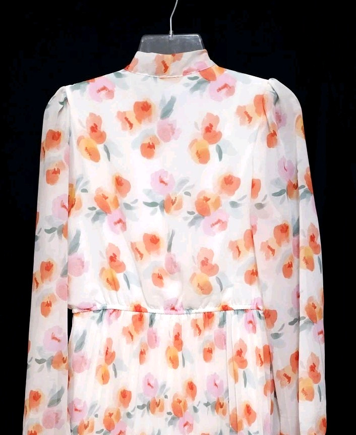 NEW Lark + Grey MEDIUM PLEATED Blouson Midi Dress Orange White Floral Tie Neck