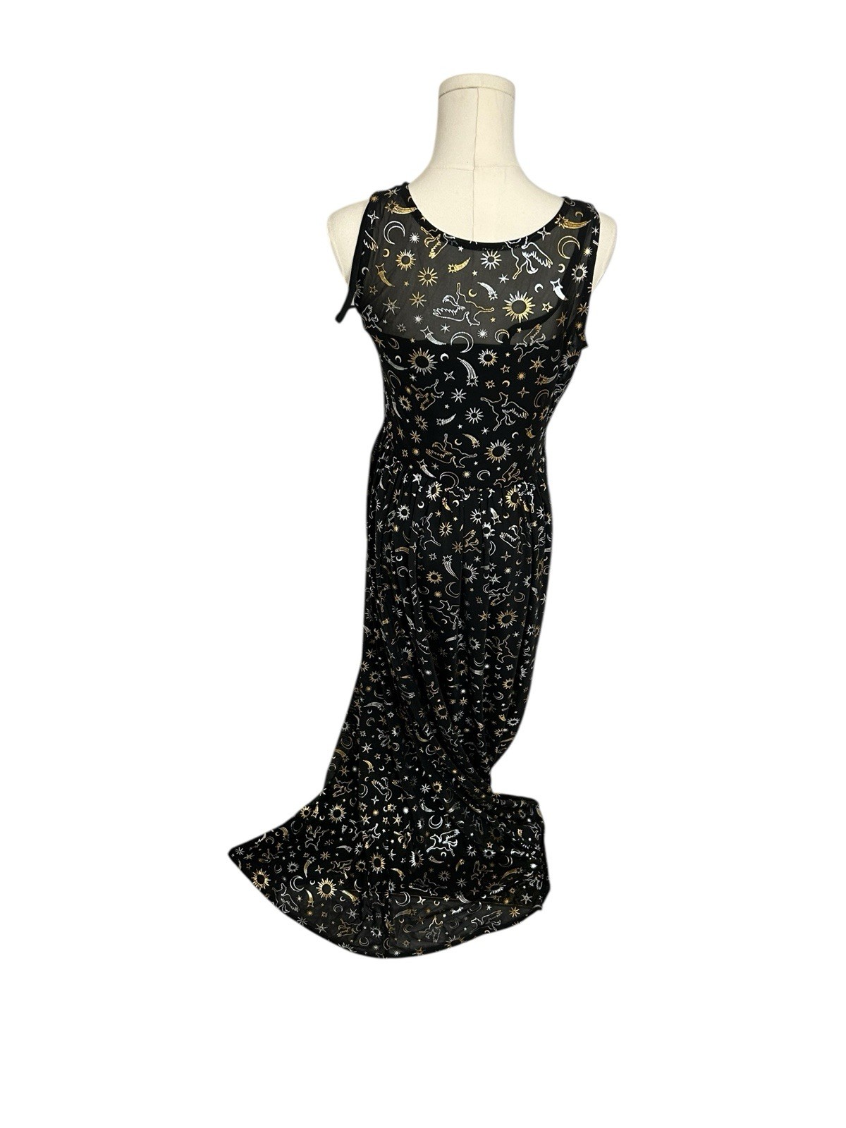 Cosmic Aura Astrology Celestial Stars Moon Foil Mesh Maxi Dress Sz M Black Gold