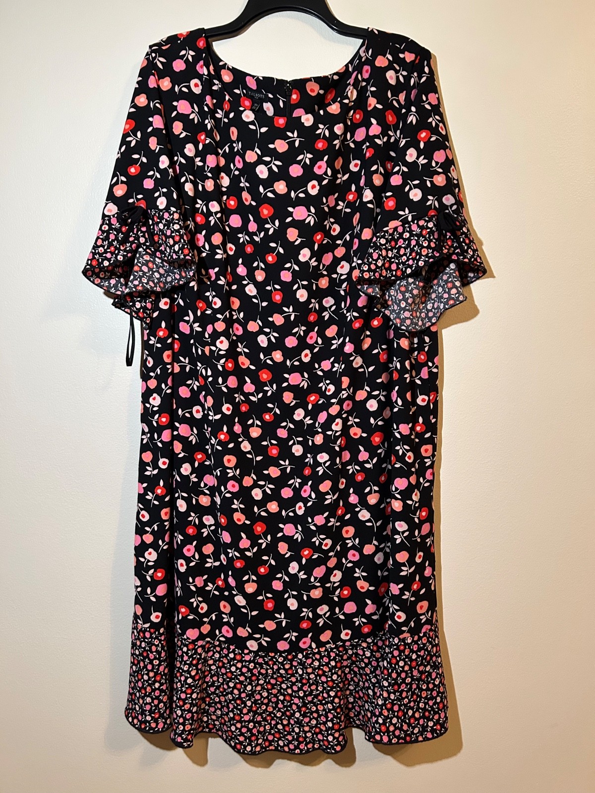 Talbots Black Pink Peach Red Floral Print Flounce Hem Bow Sleeve Dress Size 20W