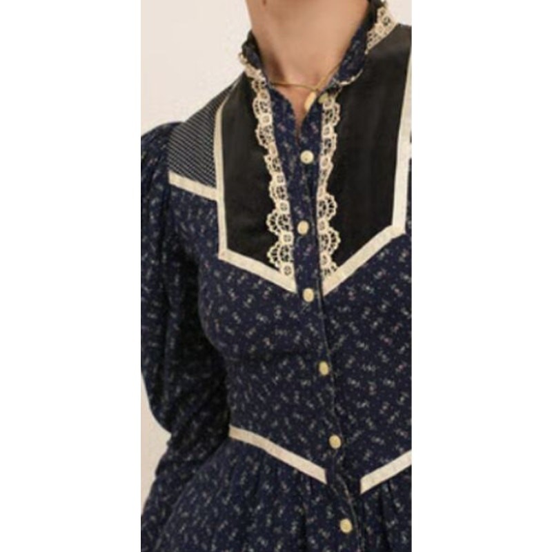 Vintage 70s Gunne Sax Black Floral Calico Midi Dress XS