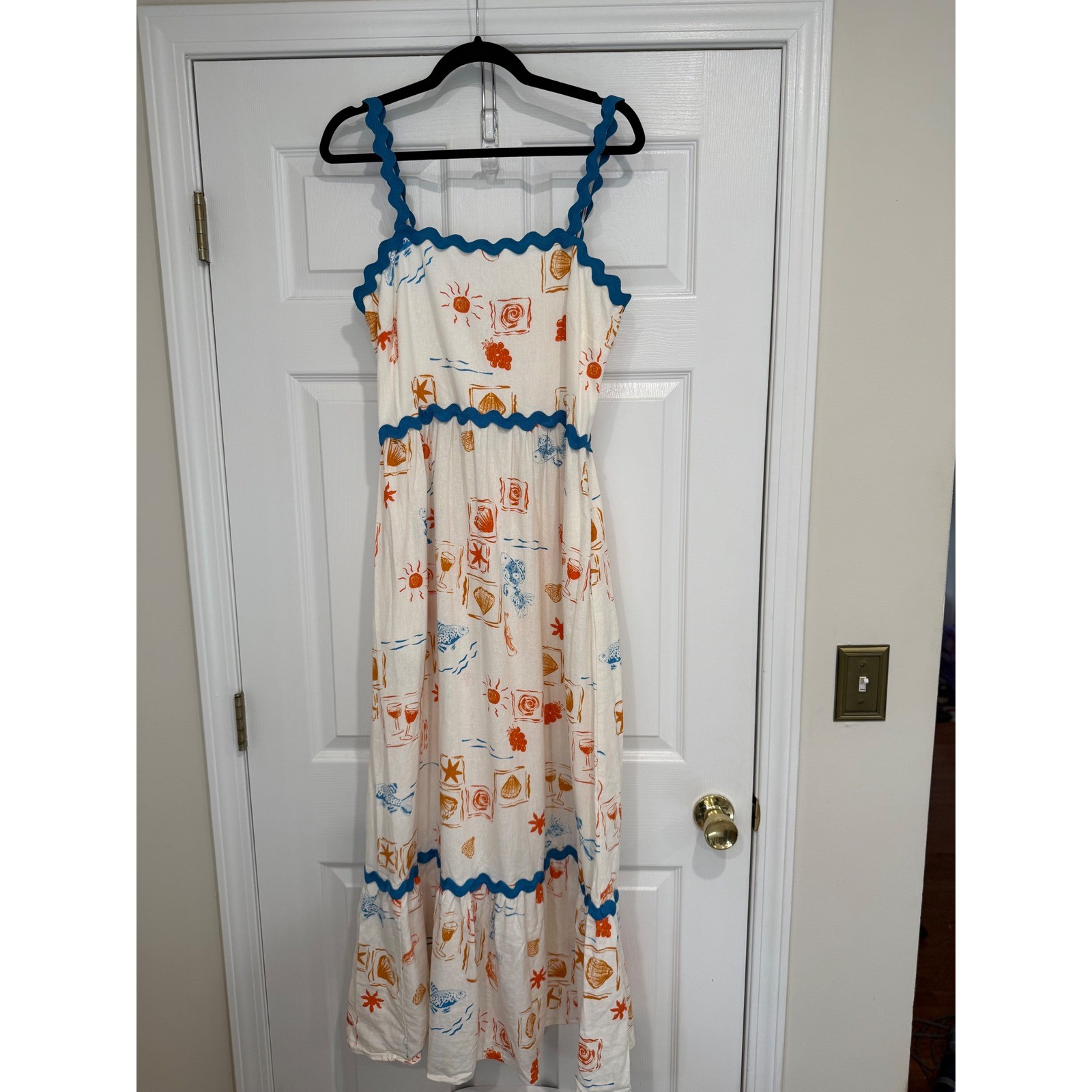 CeCe Coastal Print Linen Blend Ric Rac Trim Midi Dress Cream Orange Blue Medium