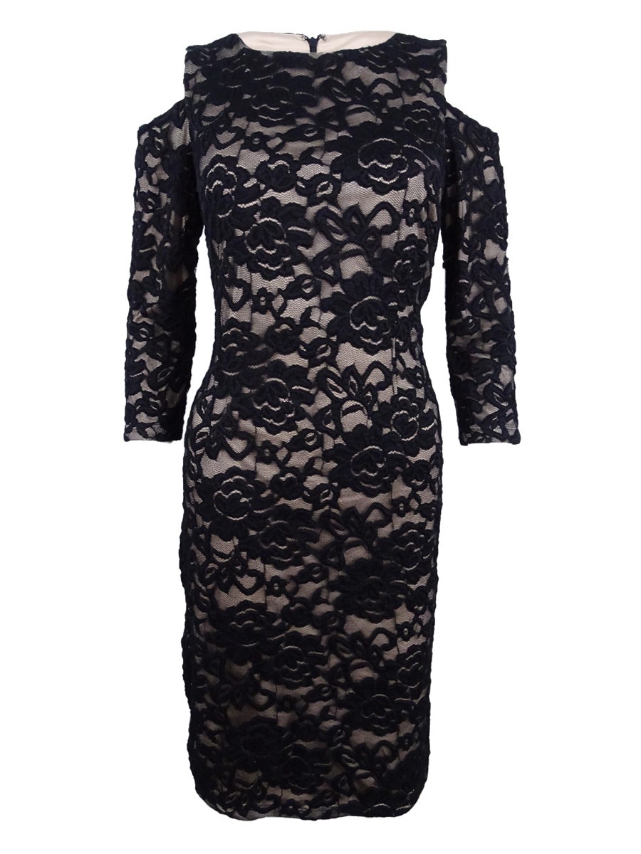 Jessica Howard Women’s Cold-Shoulder Lace Sheath Dress (10, Black/Tan)