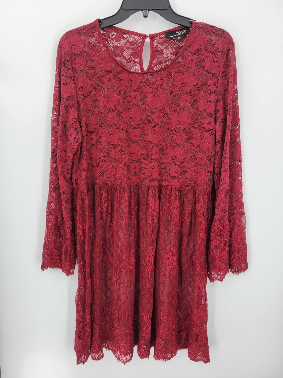 Suzanne Betro Dress Womens Large Maroon Lace Long Sleeve Sheer Flowy Romantic