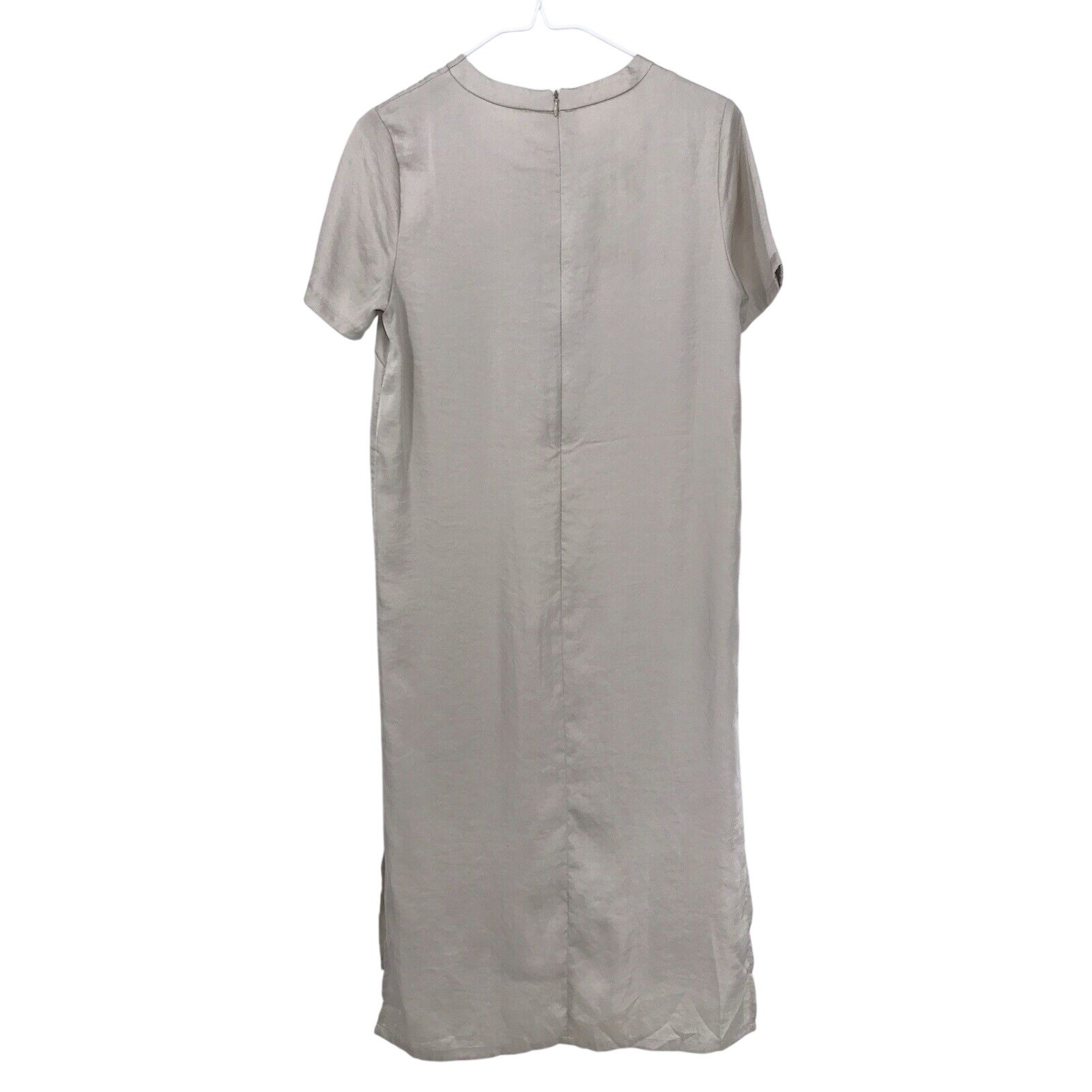 MOD REF Champagne Short Sleeve Crinkle Satin Midi Straight Shift Dress Size S
