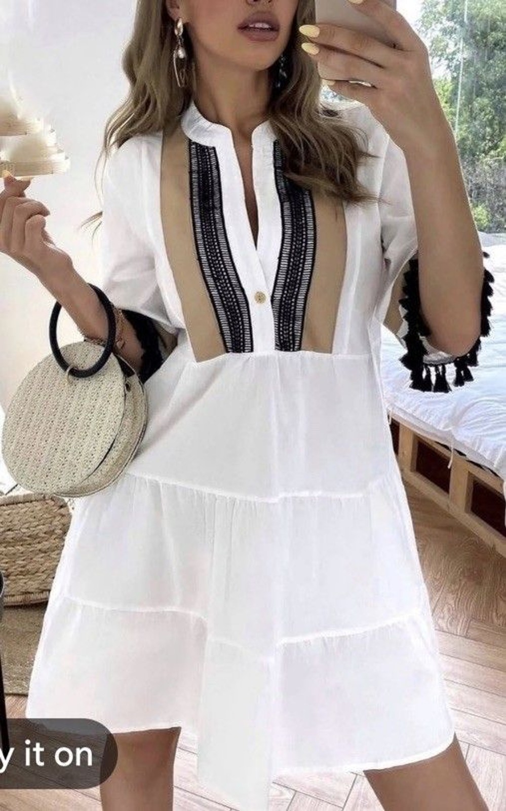 Aly Daly Women’s Small Dress Boho Pom Pom Sleeves Lightweight Semi Sheer