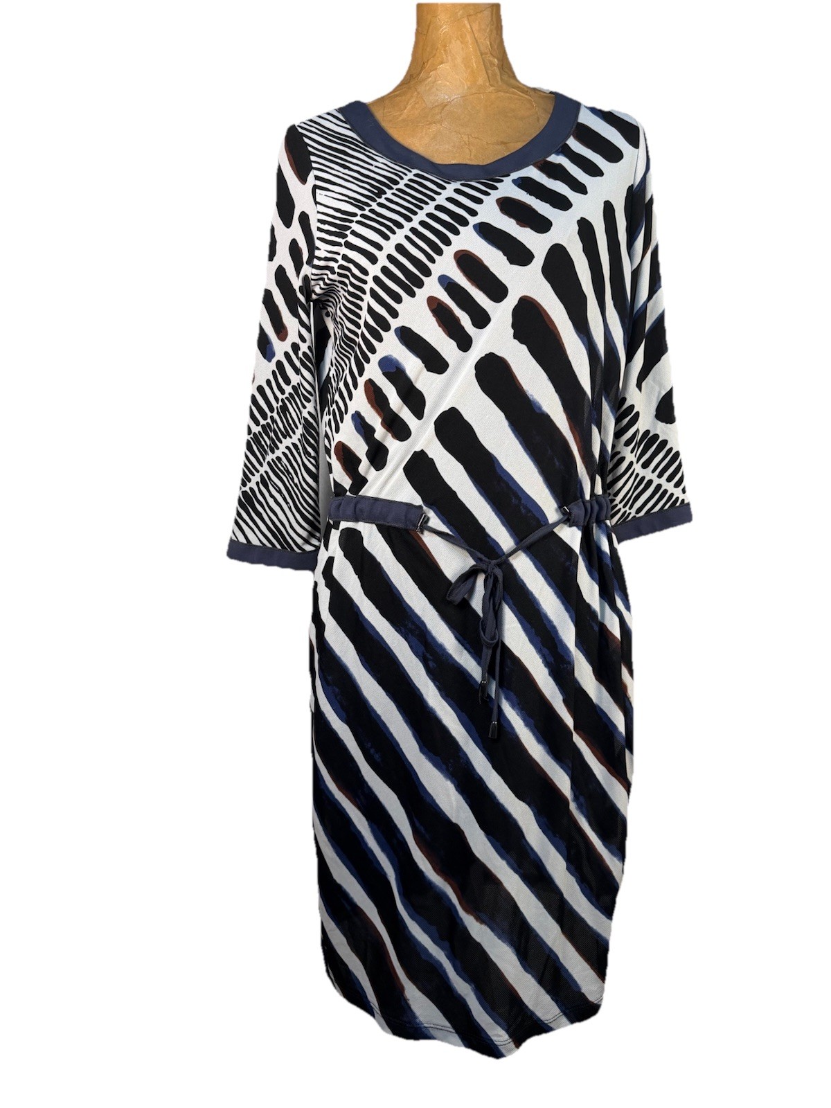 Picadilly Navy White Black StripeStretch Jersey Knit Dress Tie Waist Size S