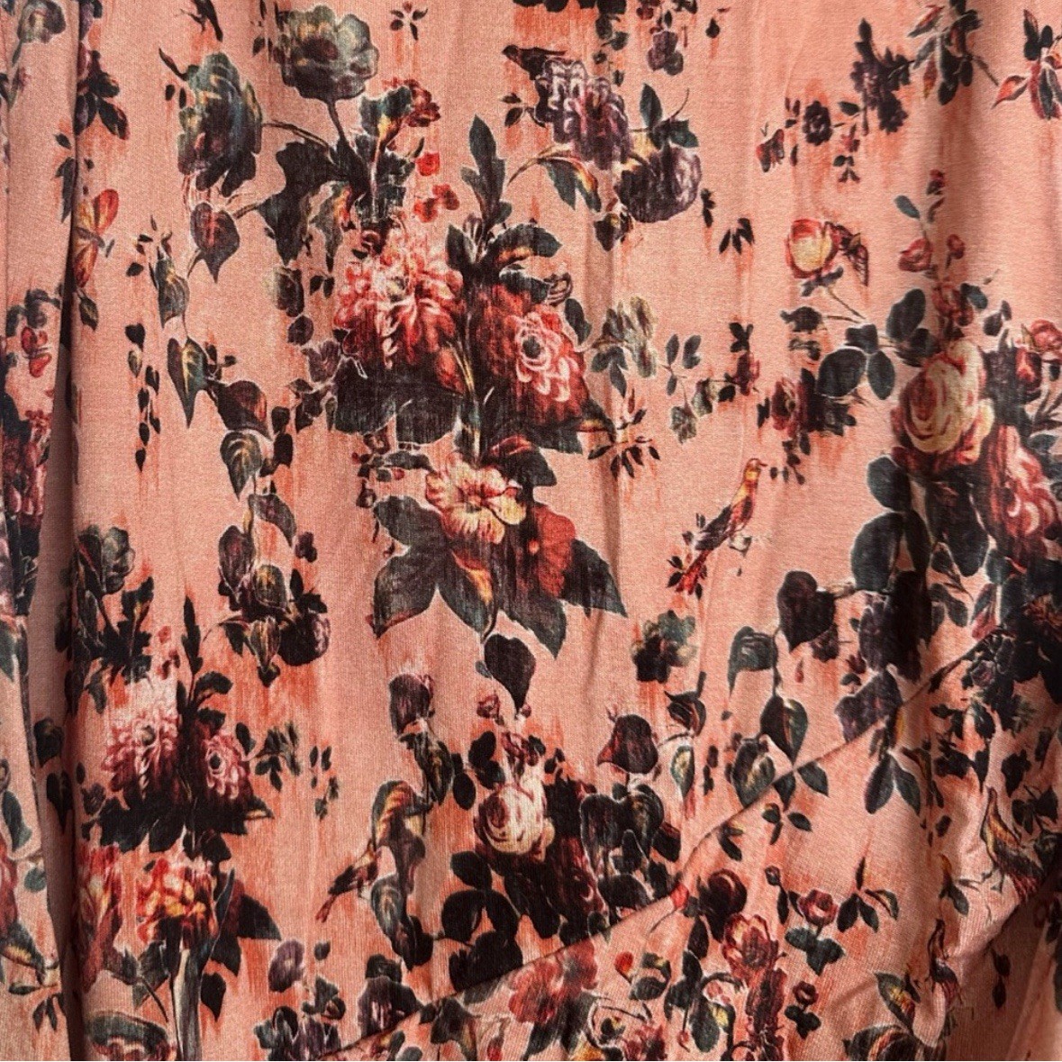 Peruvian Connection Peach Multicolor Floral/Bird Print Wrap Midi Dress XS