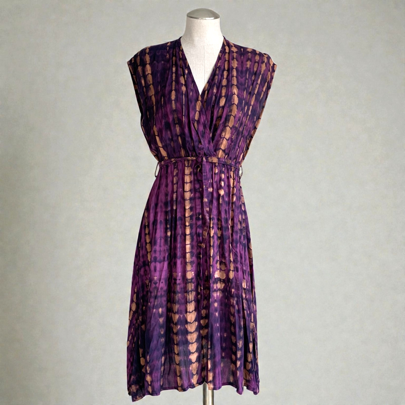 Pink Haley Hand Dyed Wrap Neckline Dress OS Maroon Gold Full Skirt Tie Waist