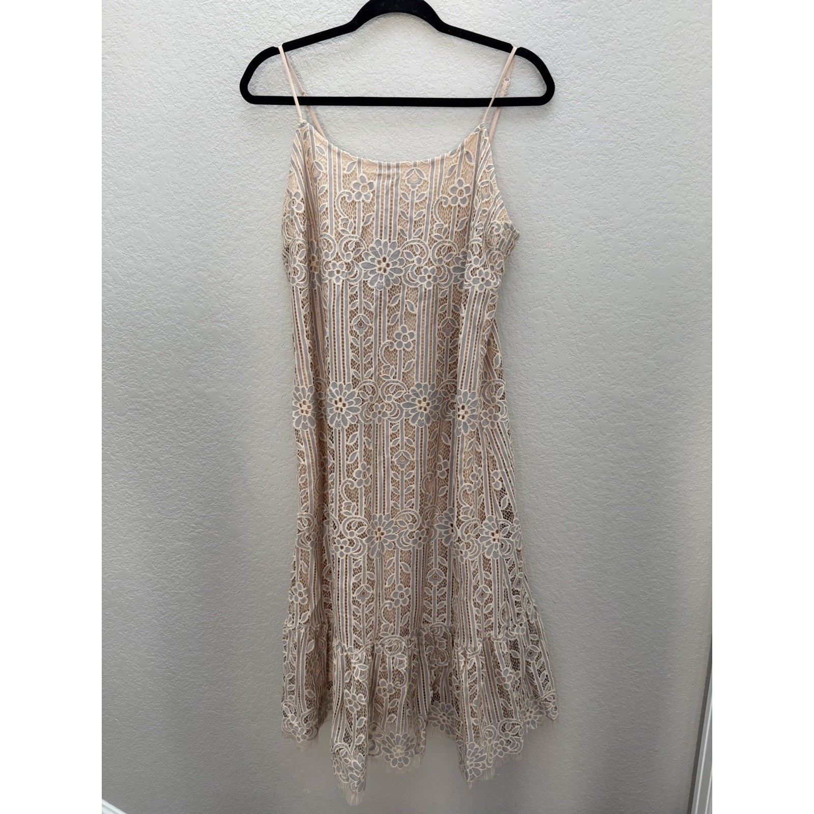 Anthropologie Eri and Ali Twilight Lace Dress Nude Ivory Tiered Lace Coquette M