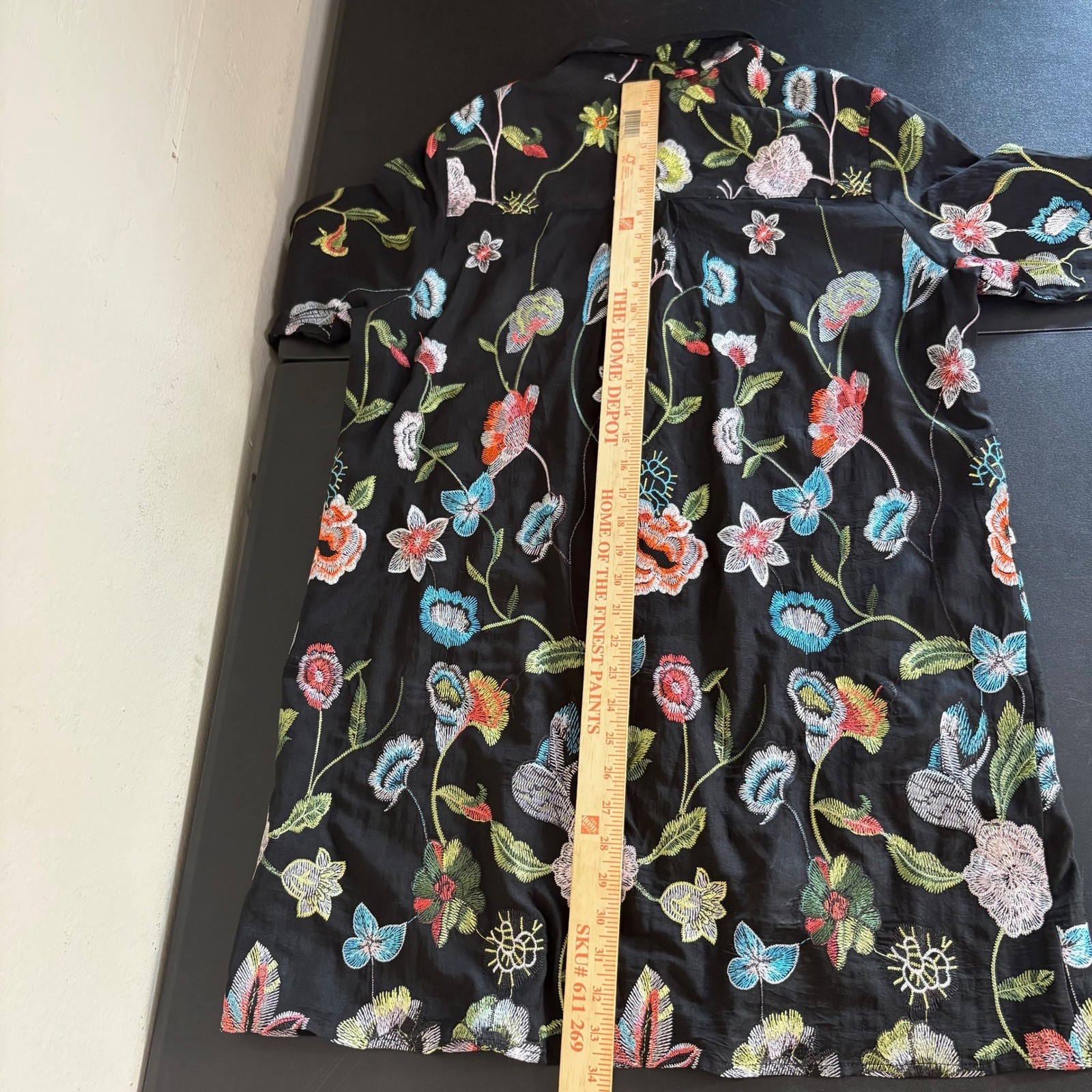 Calessa Black Floral Embroidered Button Up Mini Shirt Dress Tunic Size PXL Fairy
