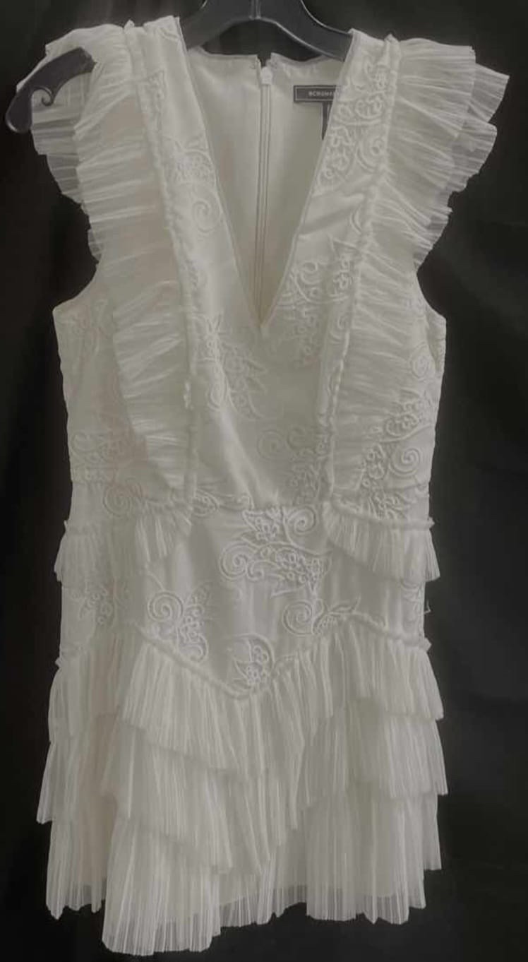 BCBGMAXAZRIA White Embroidered Ruffle Dress