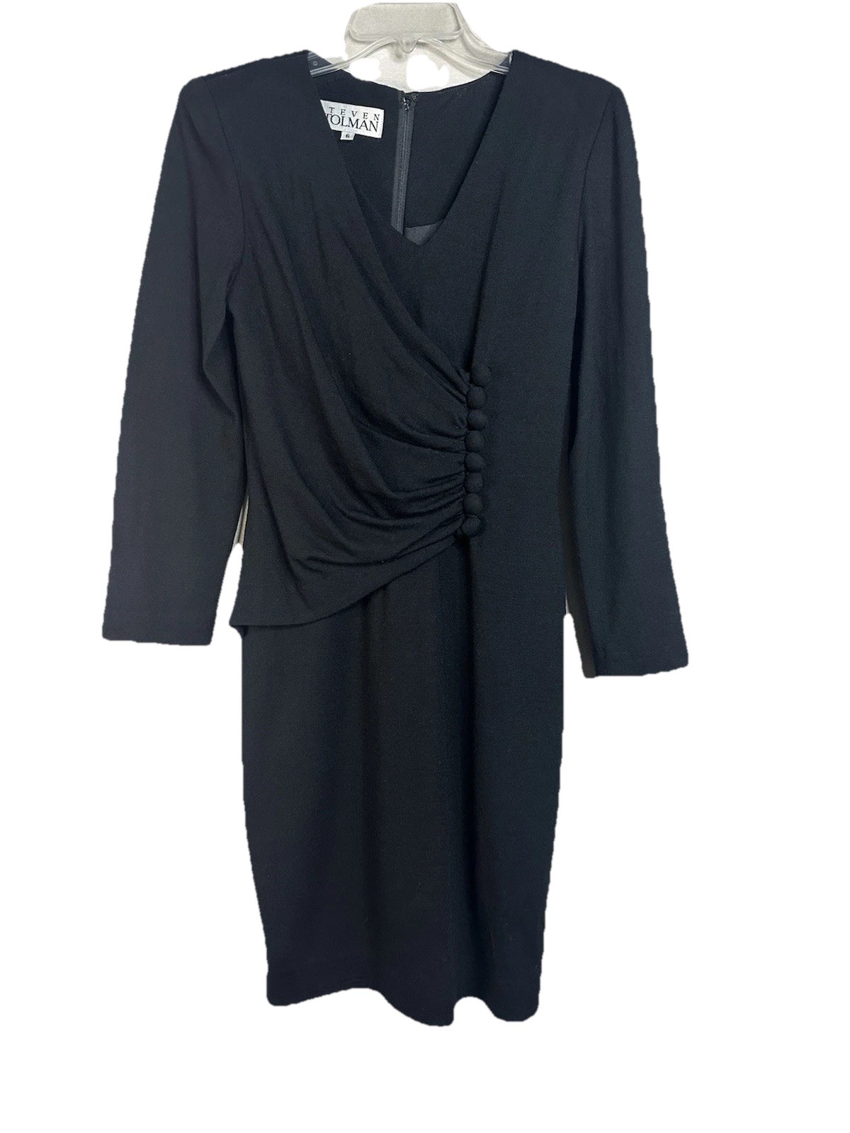 VTG Steven Stolman 100% Wool Dress Button Accents Women’s 6 Black Shoulder Pads