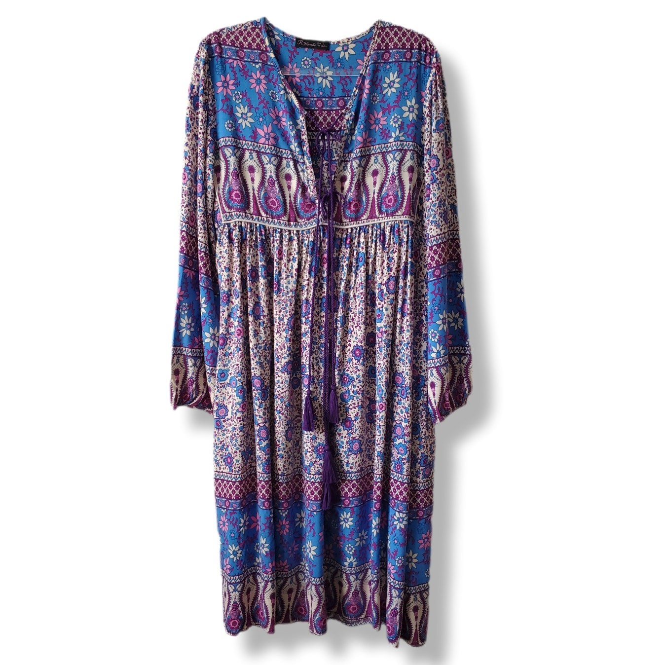 Blue Purple Floral Colorful Midi Dress L Casual Boho Country Peasant Hippie NEW