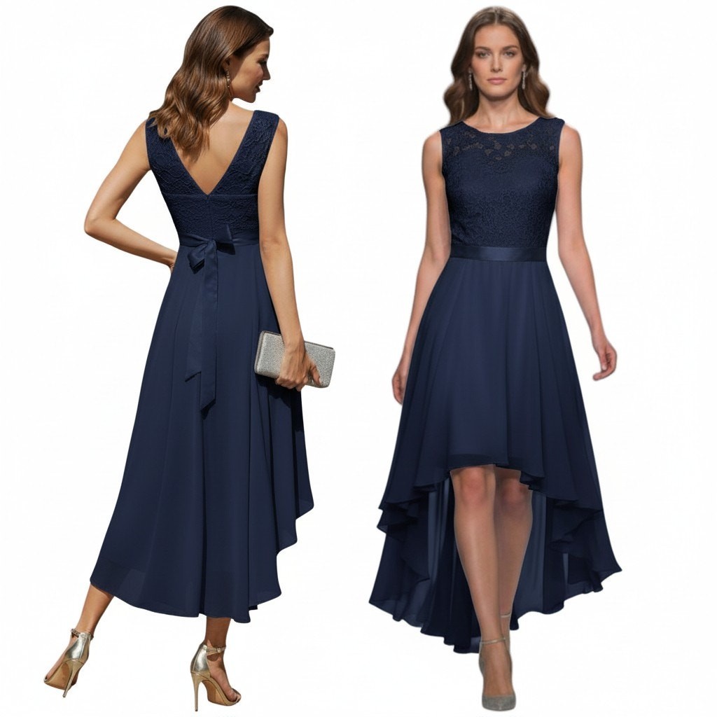 BeryLove Formal Dress Women’s Sz L Navy Blue Lace A-Line Asymmetrical Hi-Low Hem