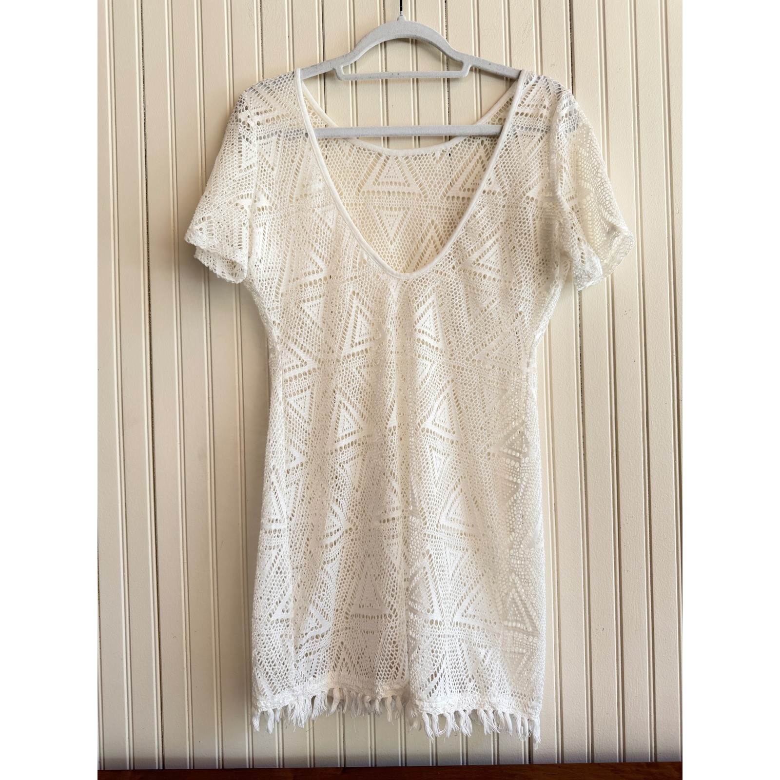 White Crochet Geometric Triangle Fringe Mini Coverup Dress