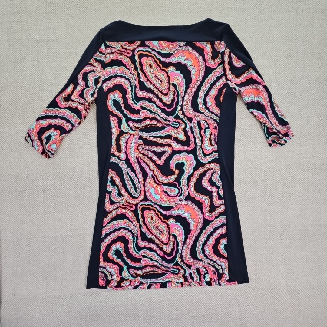 Banana Republic Navy Blue Paisley Sheath Dress Size Medium Stretch Boatneck Knee