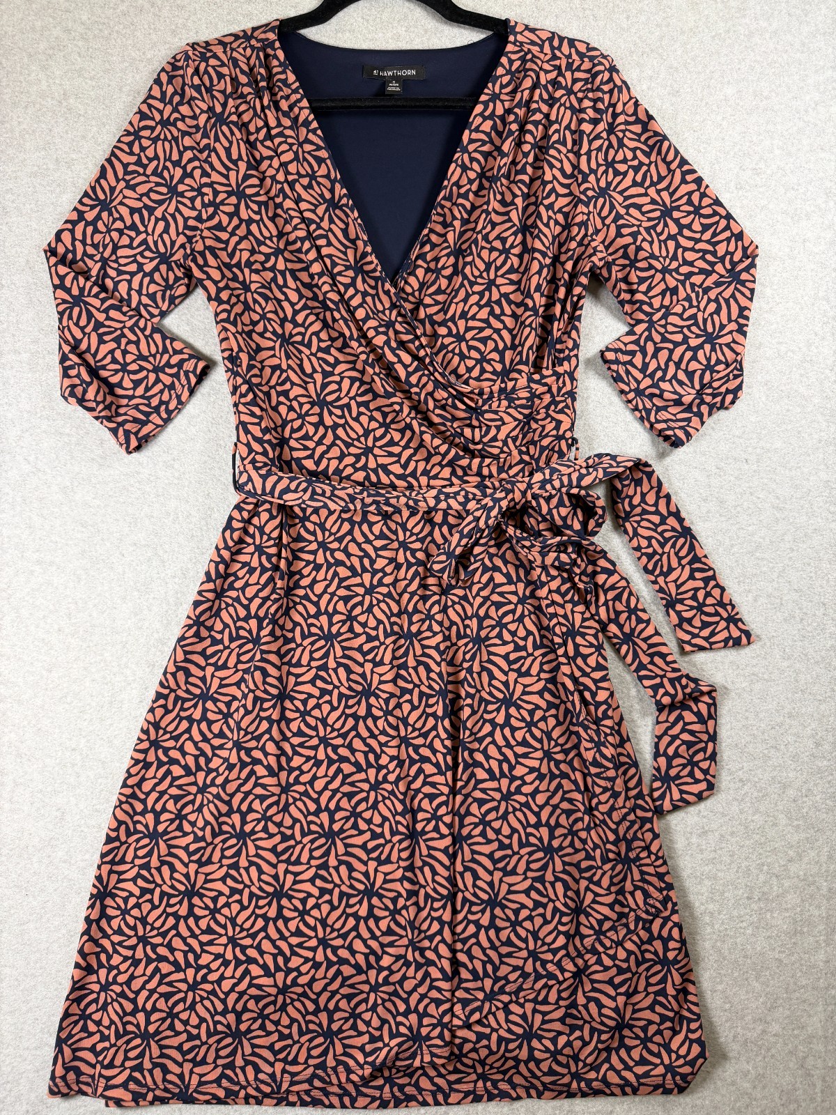 41 Hawthorn Womens Sz M Coral Navy Blue Geometric Print Faux Wrap Dress SKU 288