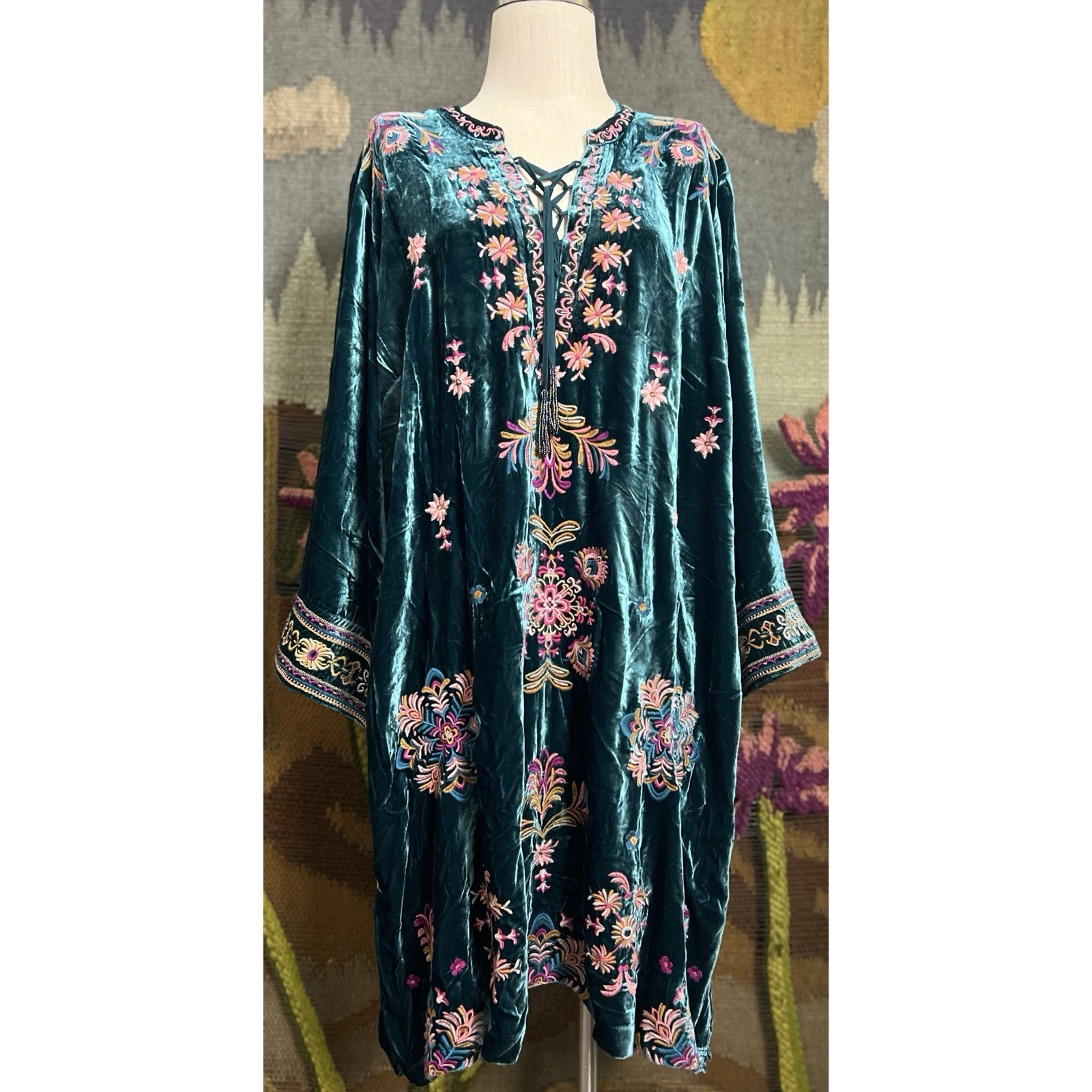 Johnny Was Brandi Embroidered Teal Peacock Blue Velvet Tunic Dress Plus 2X