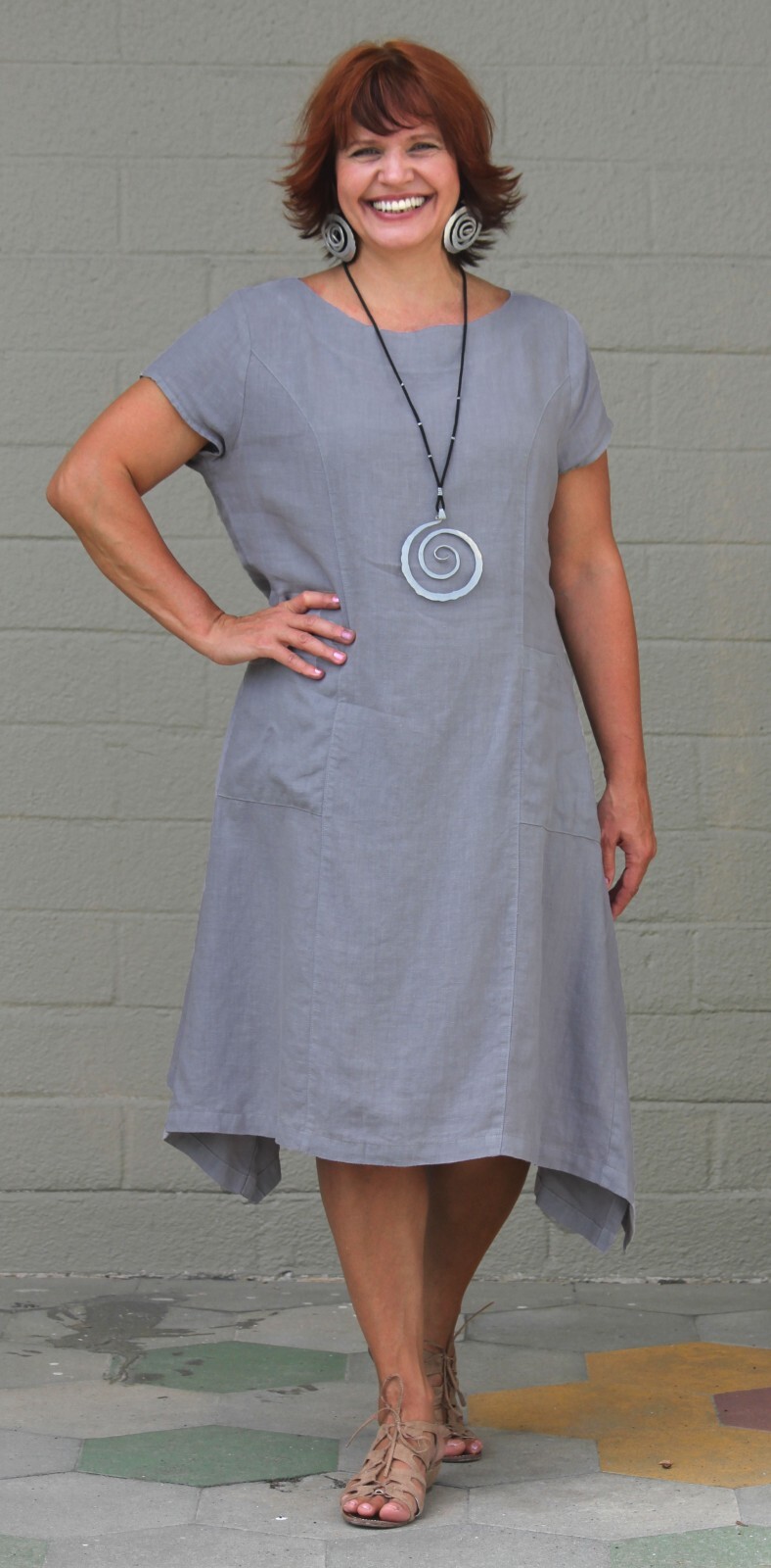 MOSAIC USA 685 Linen FLARED SQUARED HEM Pocket Dress L Large DARK KHAKI