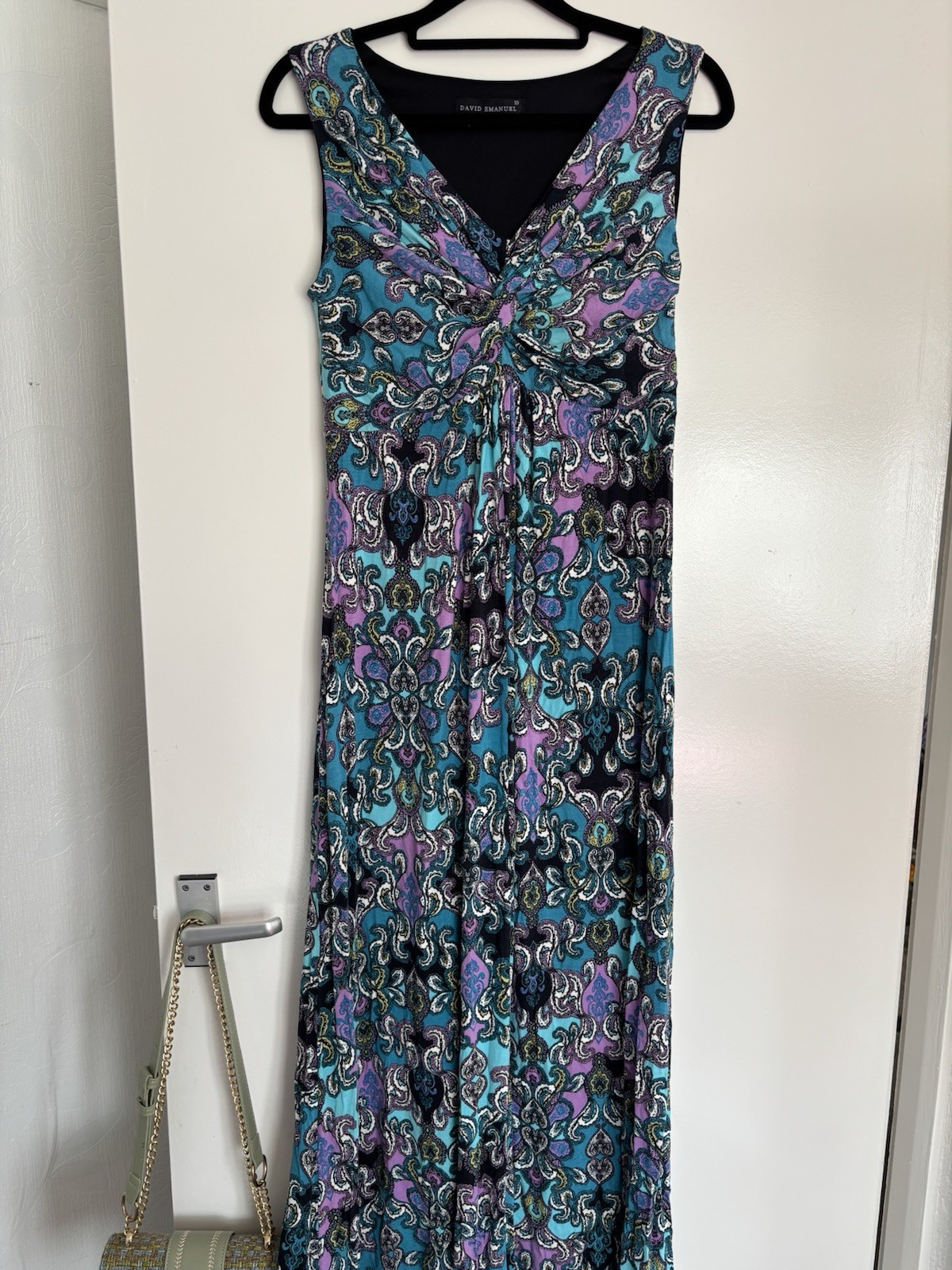 David Emanuel Purple Blue Black Paisley Print Sleeveless Stretchy Maxi Dress 10