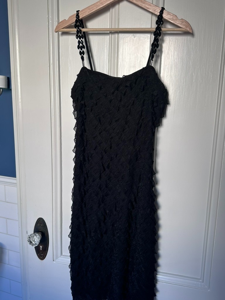 Georgiou Studio Black Beaded Strap and Diagonal Ruffle Mini Going Out Dress S-M