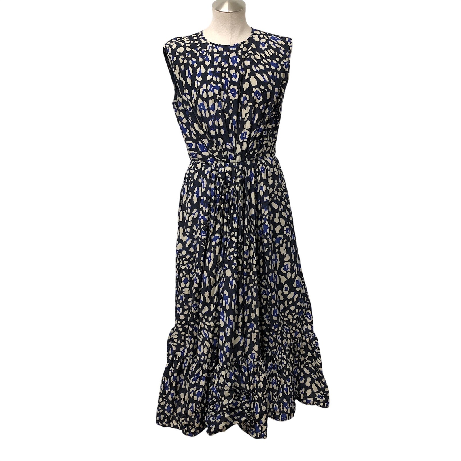 Adam Lippes Maxi Dress Womens 8 Blue Silk Blend Abstract Sleeveless Pockets