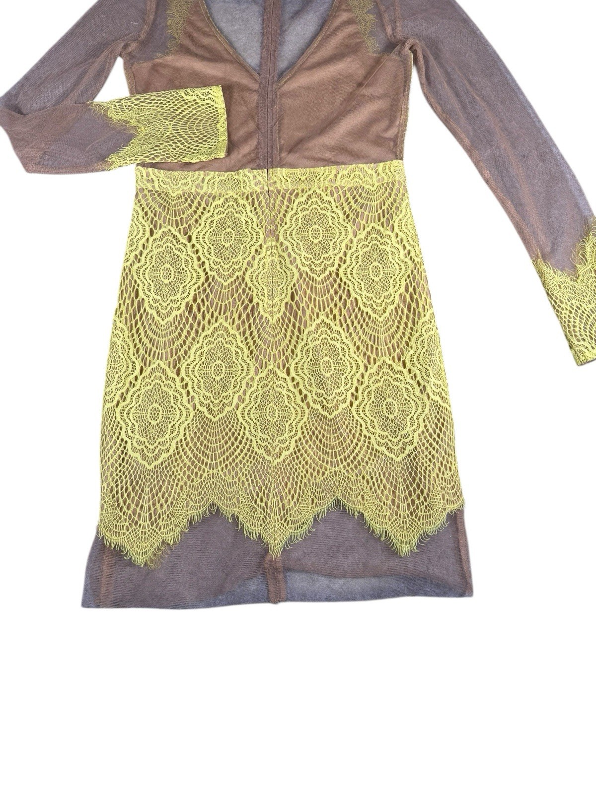 Women’s Lace Overlay Sheer Mesh Mini Dress V-Neck Long Sleeve Yellow Nude Size M