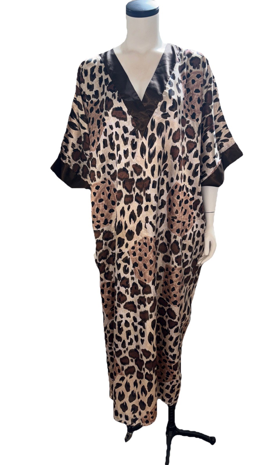Winlar Animal Leopard Print Kimono Kaftan Loungewear Brown Trim Women’s Vtg. OS