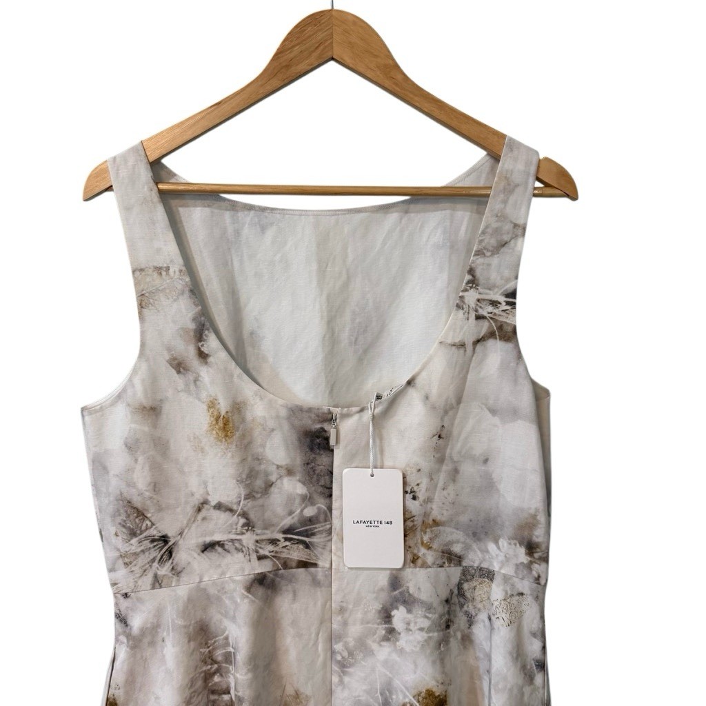 NWT Lafayette 148 New York Leaves Print Bateau Neck Silk & Linen Dress Sz 10 US