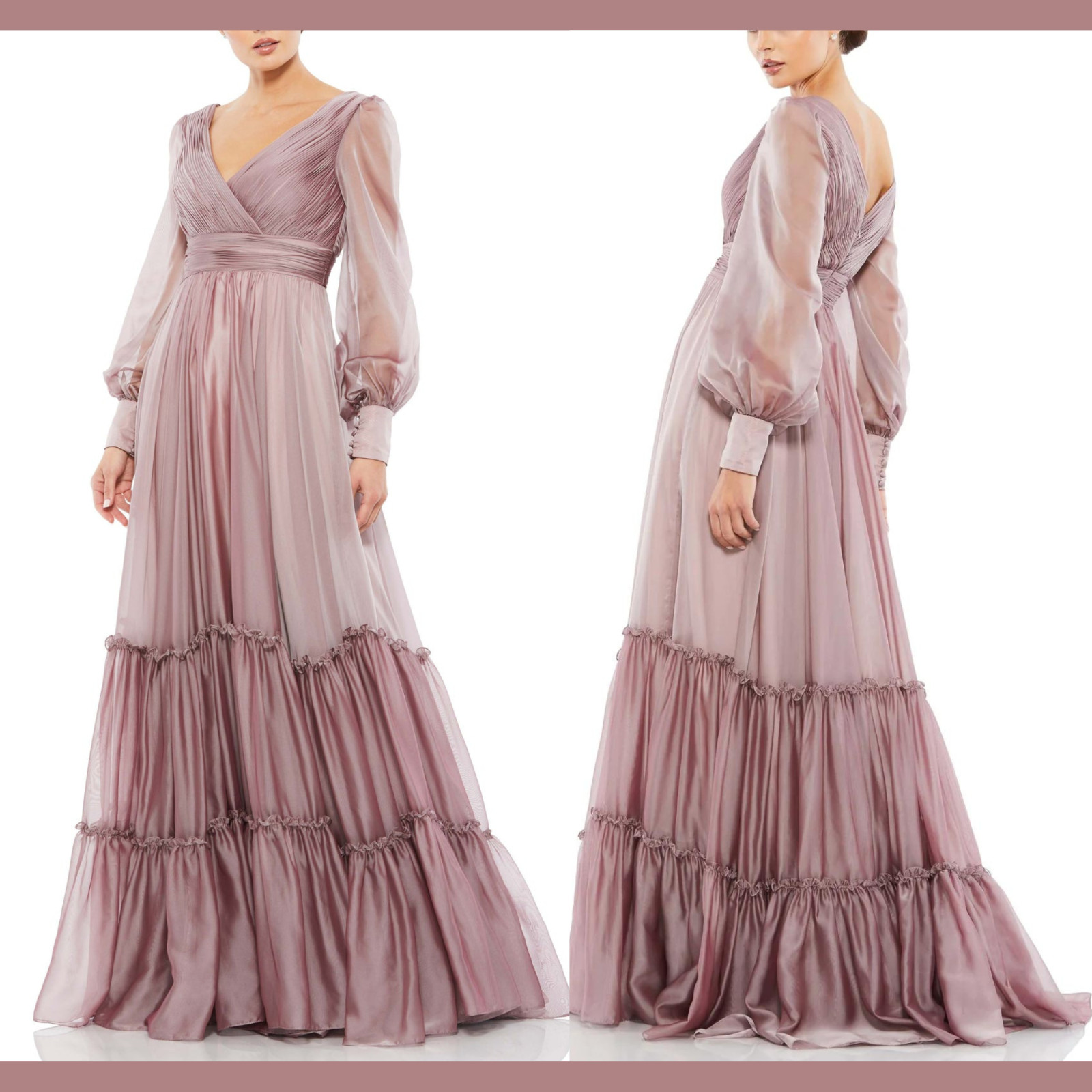NWD Mac Duggal [ 12 ] 67864 Faux Wrap long Sleeve Tiered Gown in Mocha Pink S976