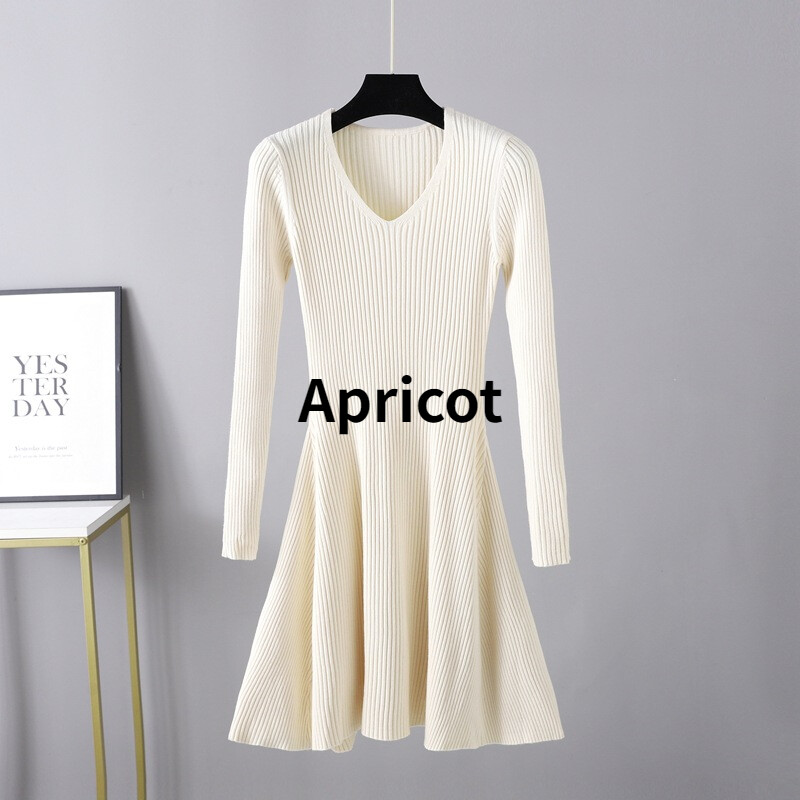 Lady Midi Knit Sweater Dress Knitwear Elastic V-neck Swing A-line Dress Winter