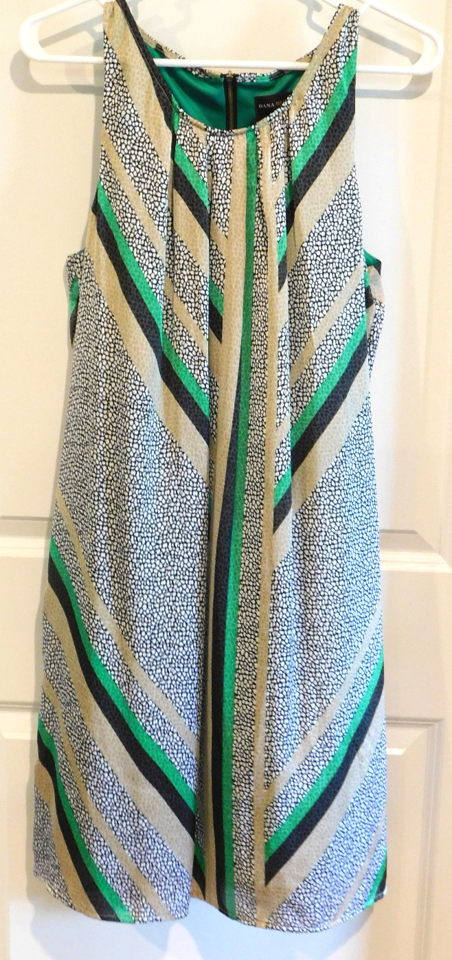 Dana Buchman Sz L Geometric Pebble Shift Dress Sleeveless White Black Green Tan
