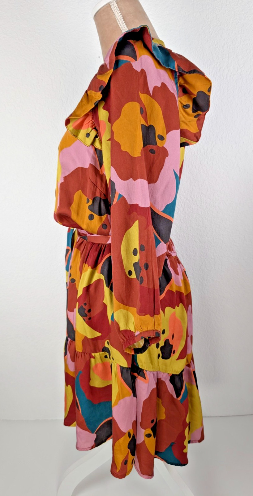 Marine Layer Elise Exploded Floral Mini Dress Tiered Ruffle Sz L Colorful Art