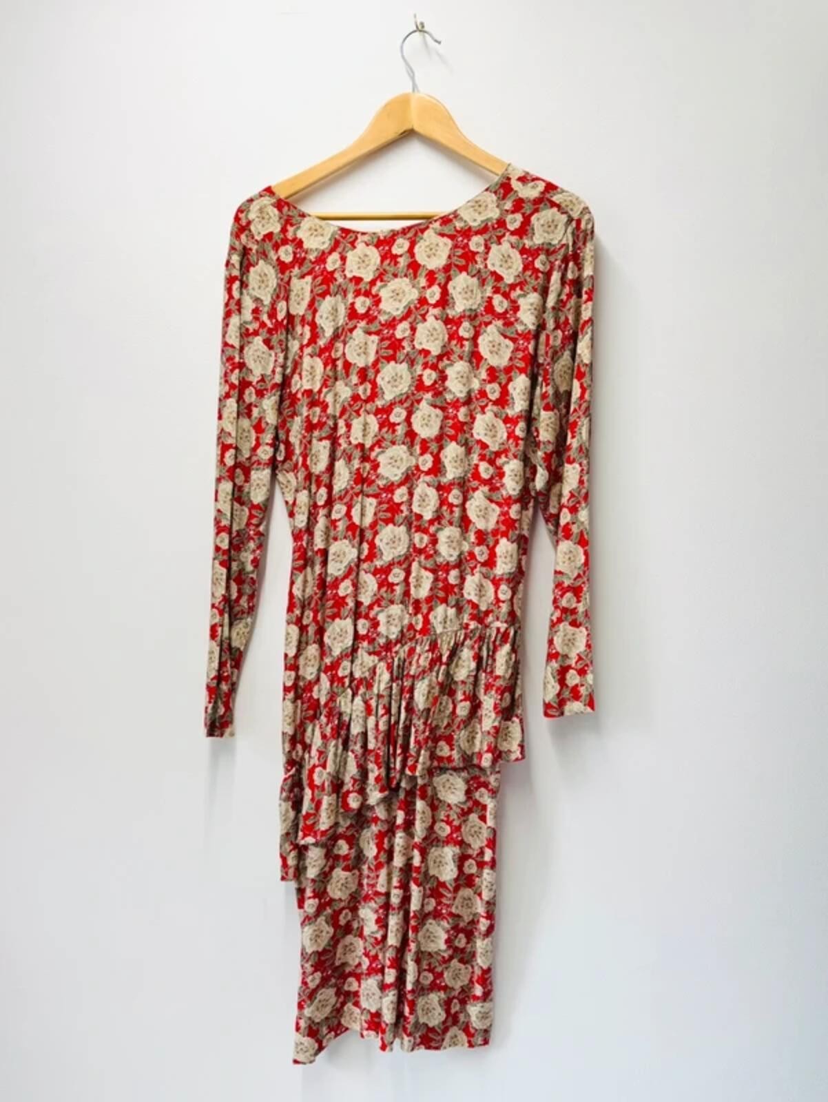 Vintage 80s Red Floral Ruffle Dress