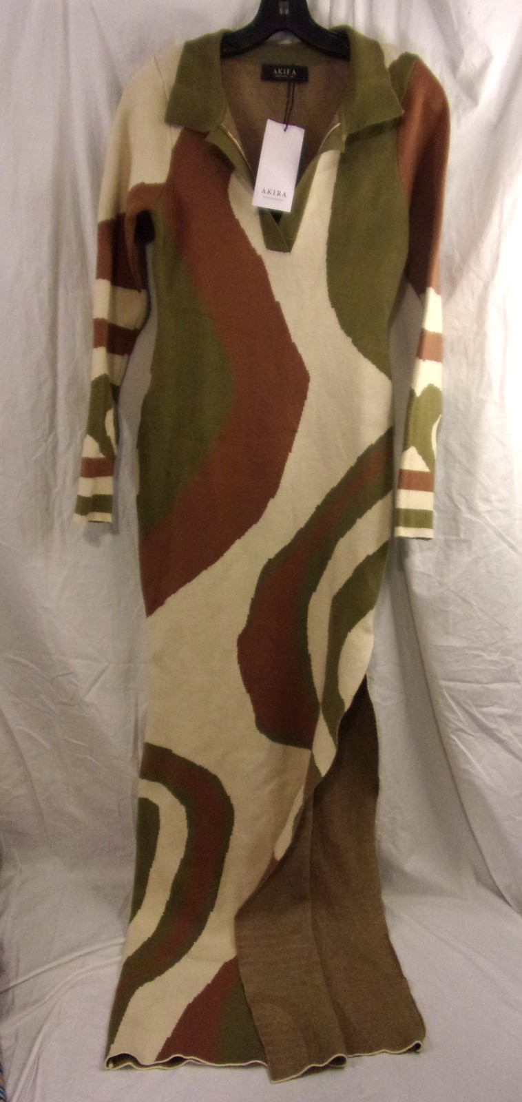 Akira Bodycom Dress, Long Size Large NWTS Green/Brown/Tan