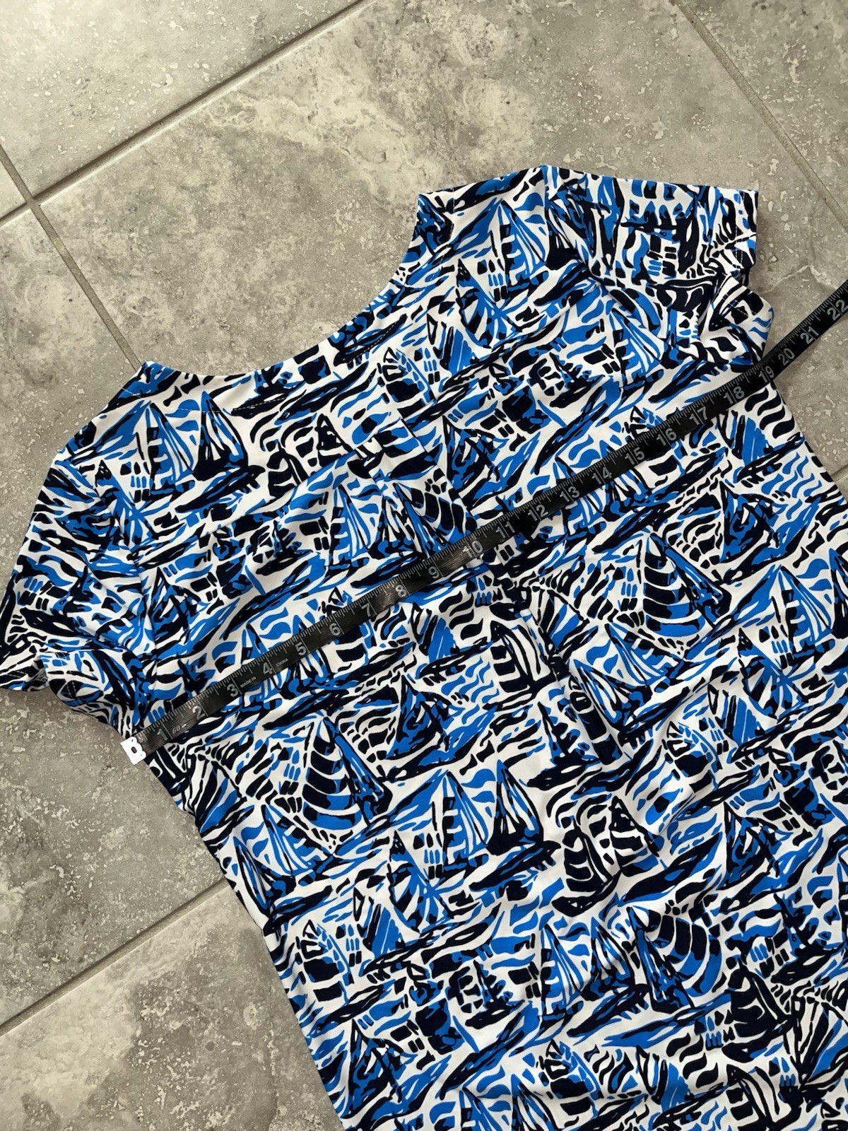 Jude Connally Short Sleeve Shift Mini Dress Stretch Cloth Blue Sail Boats New S