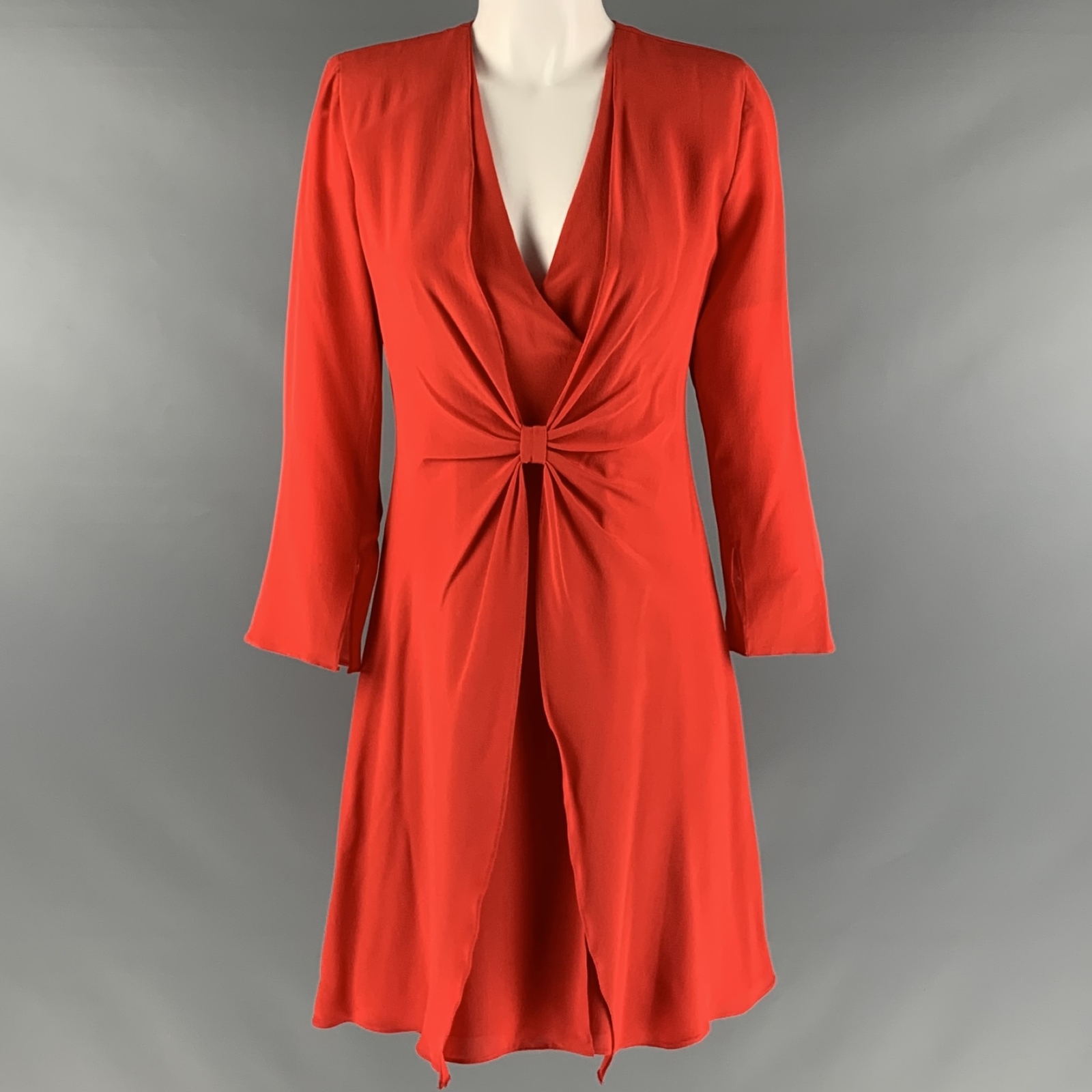 EMPORIO ARMANI Size 4 Red Silk V Neck Knee Length Dress