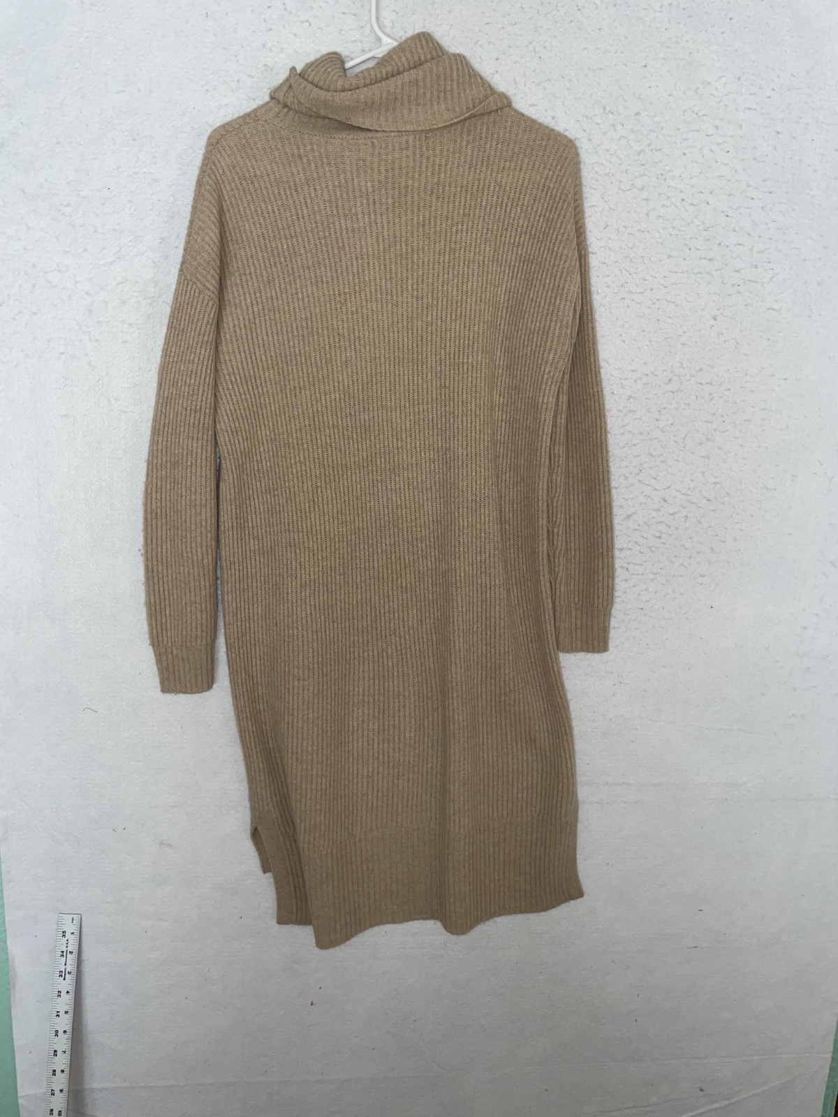 Madewell 100% Merino Wool Cowl Neck Tunic Tan Sweater Dress Size S Ribbed Knit