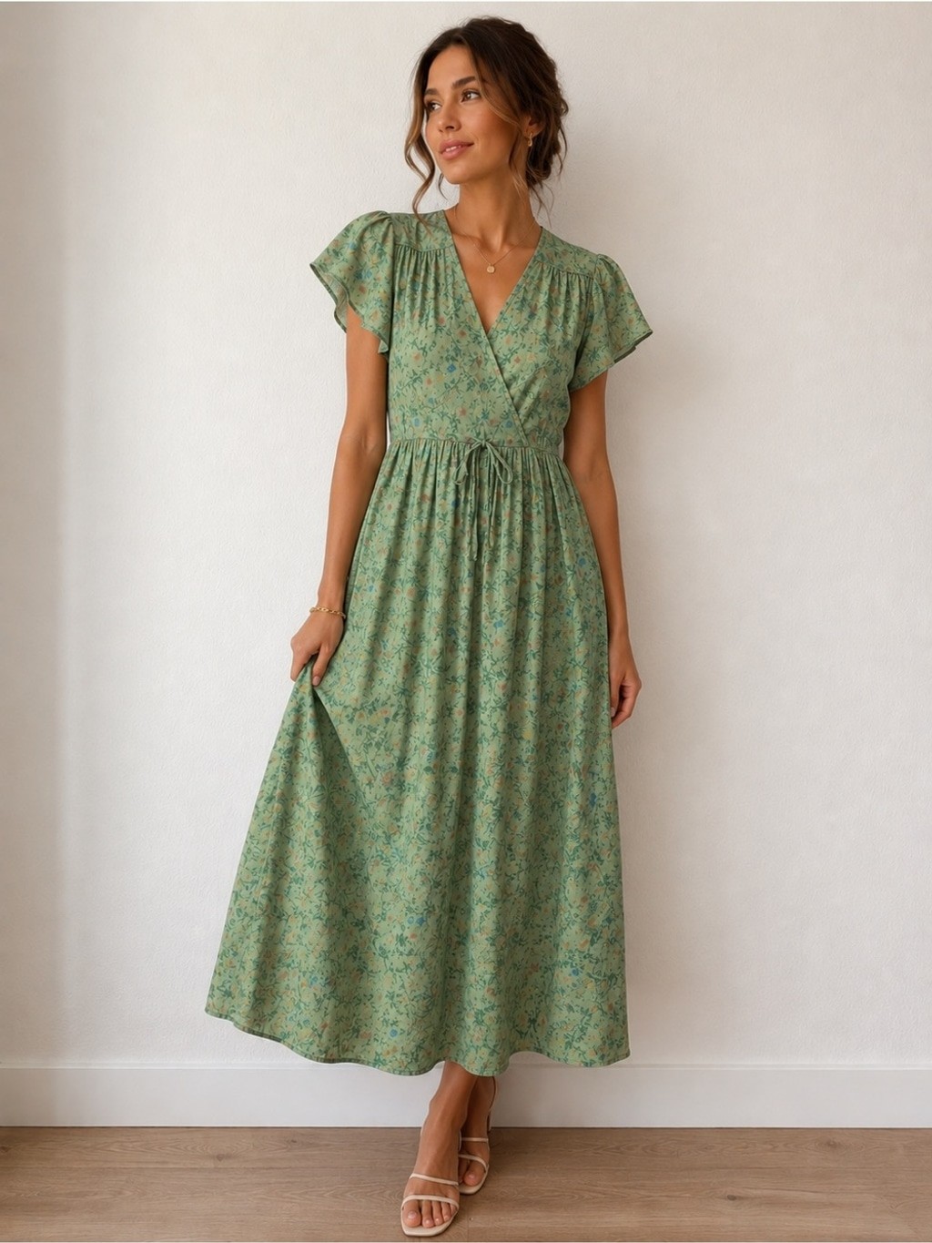 Christy Dawn Augusta Midi Wrap Dress XS Green Floral Organic Cotton