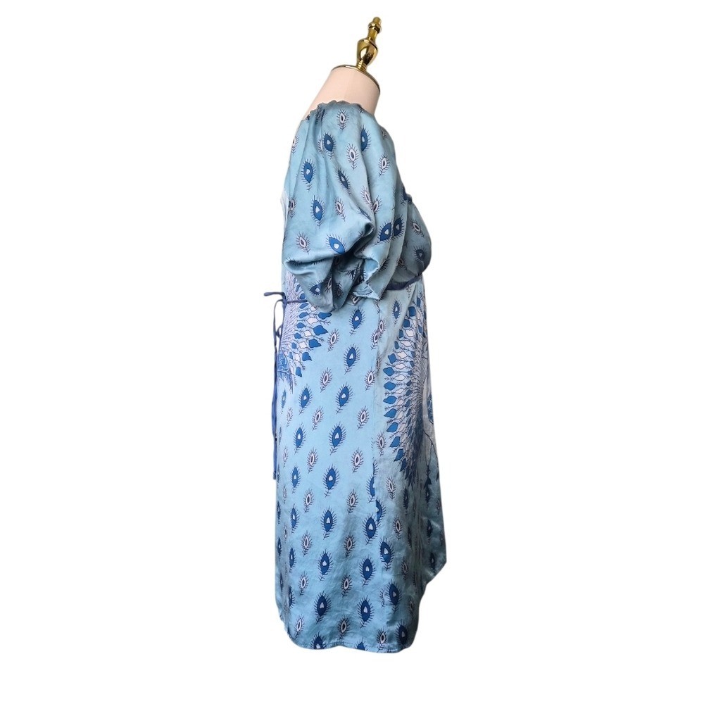 Voom by Joy Han 100% Silk Peacock Dress Size S Blue Puff Sleeve Made USA