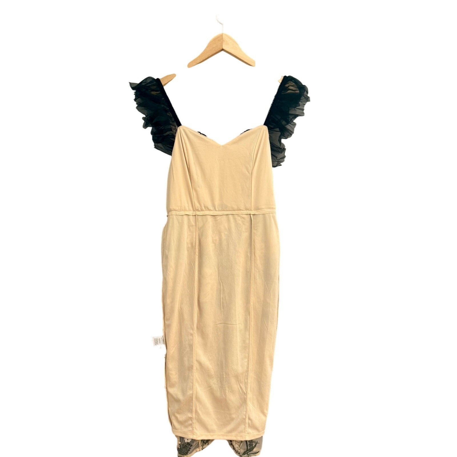 Lulus Embroidered Tulle Midi Dress S Beige Blue Black Floral Sequin Ruffle Strap