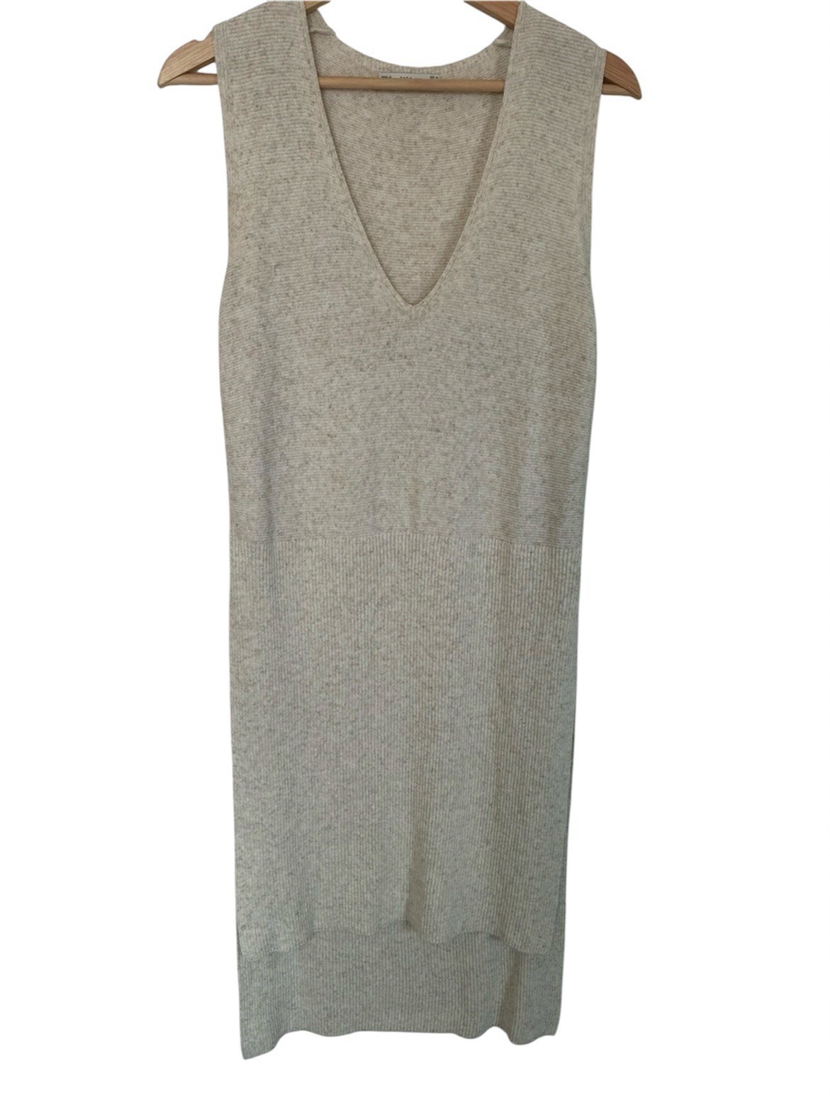 ZARA Sweater Vest Dress Medium Beige Linen Blend Side Slit Knit V Neck High Low