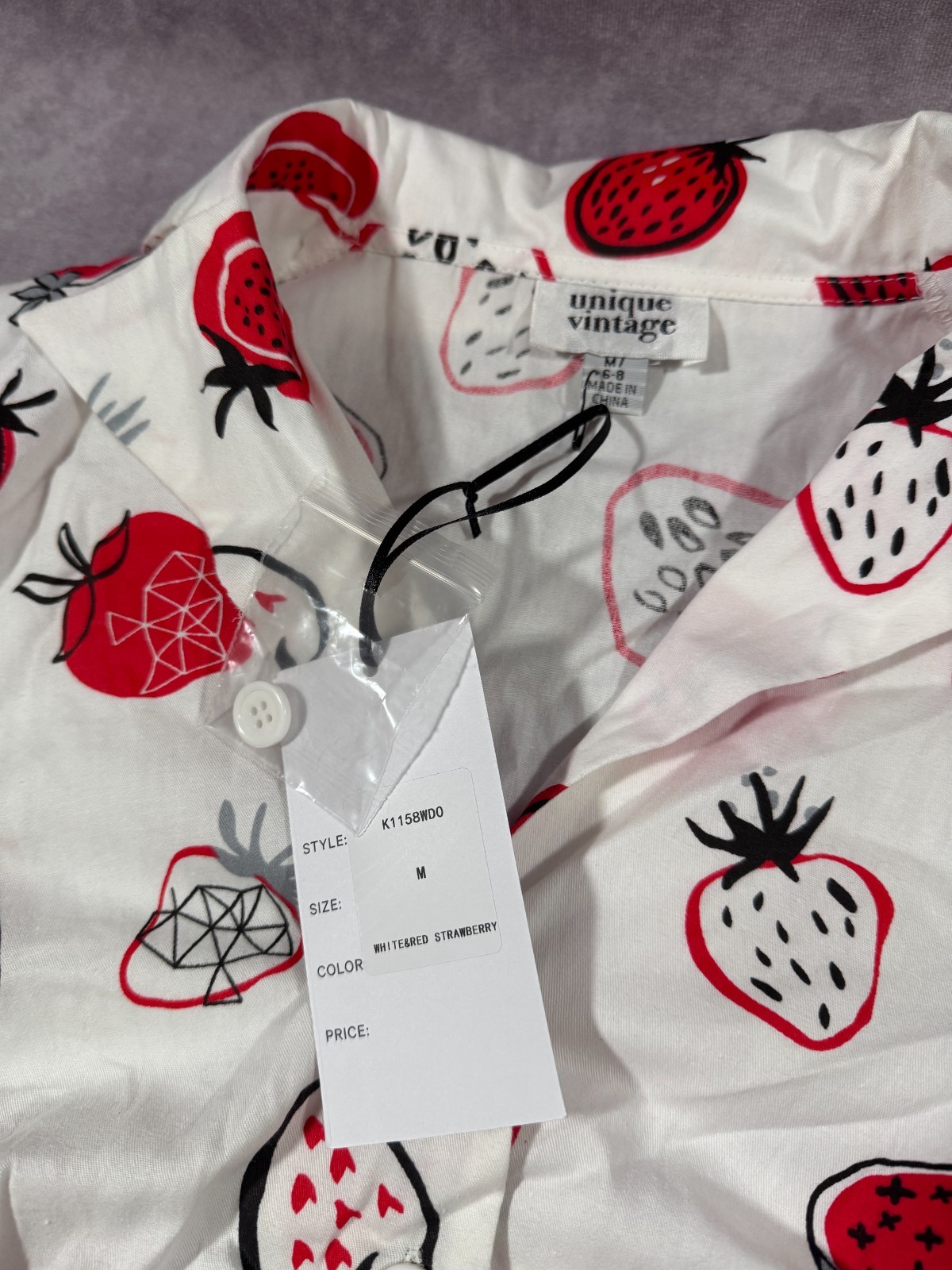 Unique Vintage MEDIUM White Strawberry Dress Retro Collared Tie Button