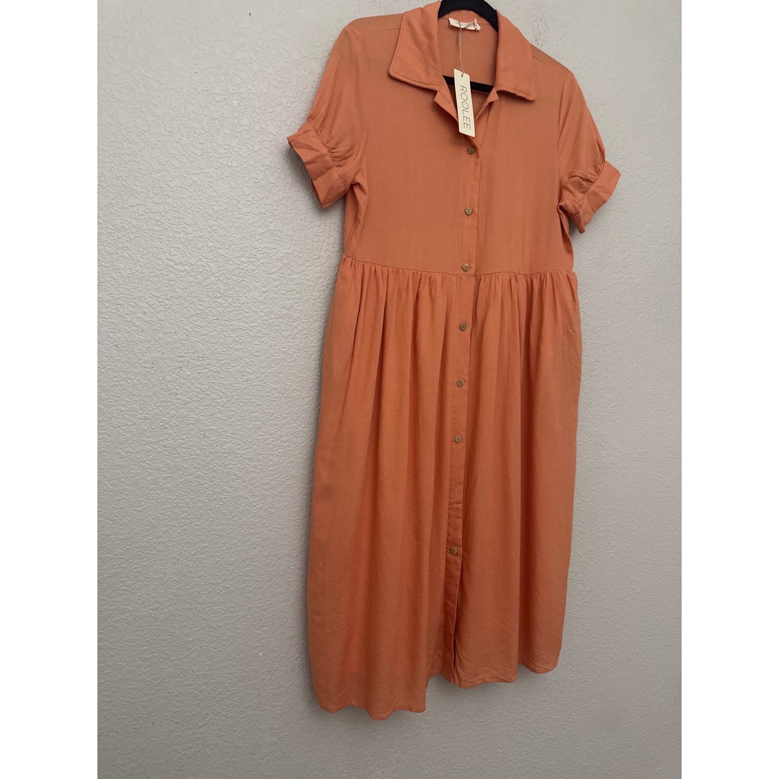 NWT Roolee Button Front Dress Orange Babydoll Short Sleeve Linen Blend Medium
