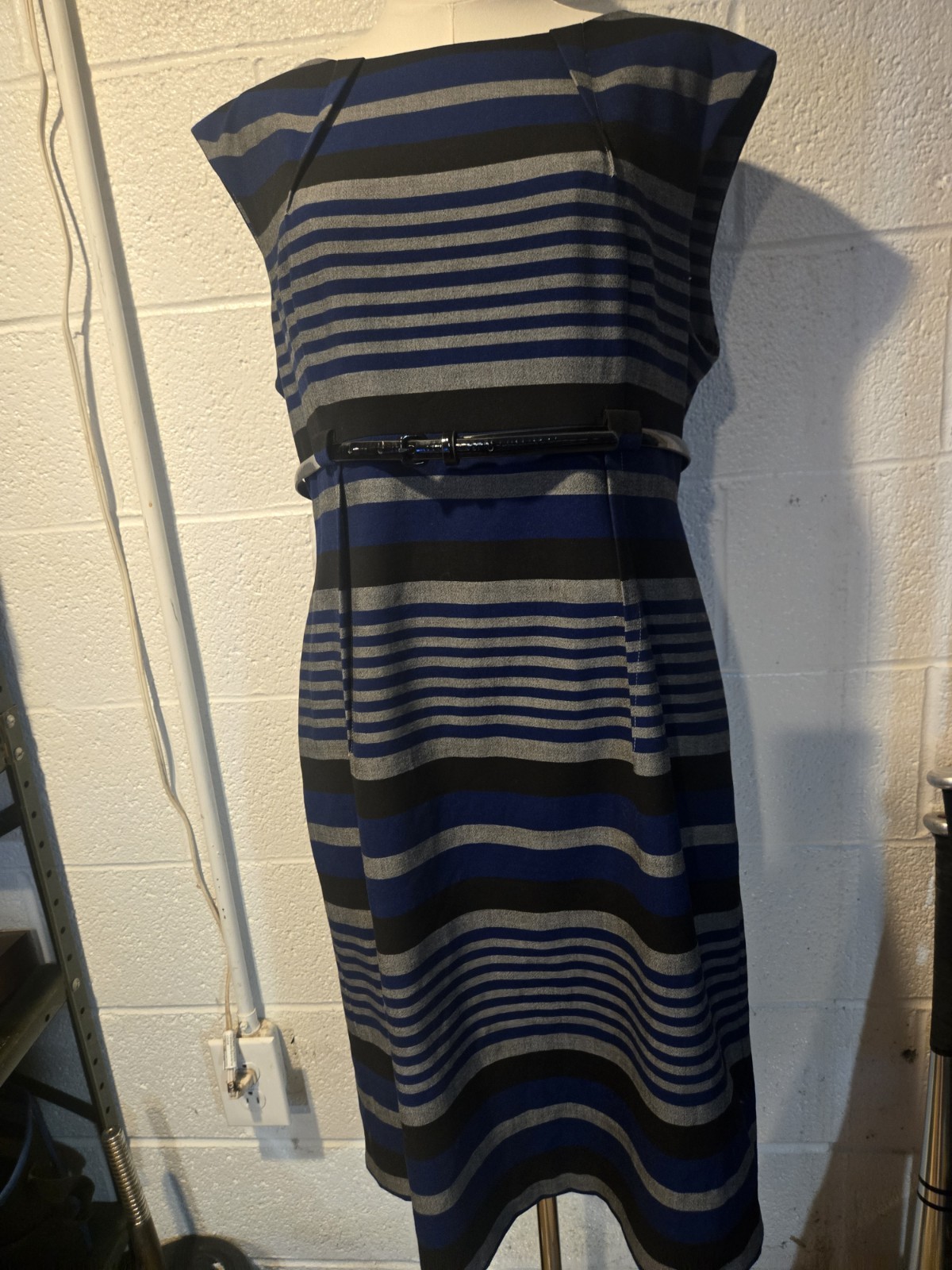 Calvin Klein Dress Blue Gray And Black Stripes Size 14 Used Good Condition