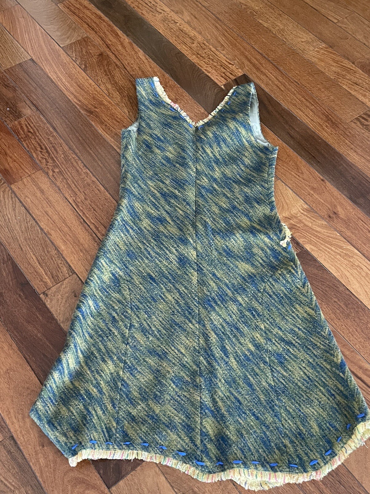 CACHAREL Unbalanced Wool Tweed Dress with Frayed Trim, Green-Blue, Size 40/Small