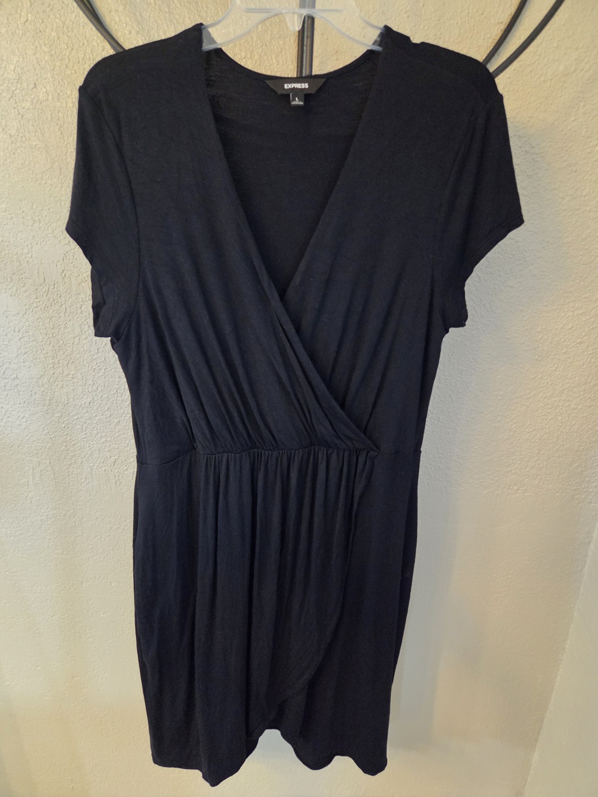Express Women’s Black Solid Knit Wrap Dress L V-Neck Short Sleeve Ruched Knee