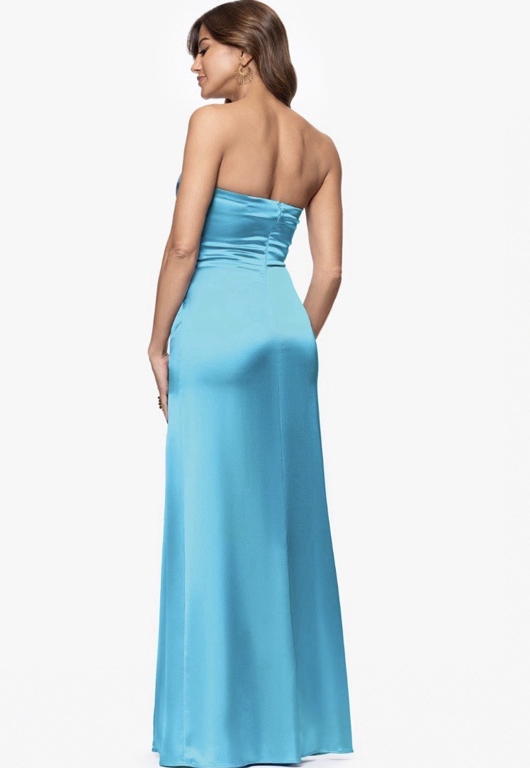 Blondie Nites Juniors’ Strapless Side-Slit Satin Dress – Ocean