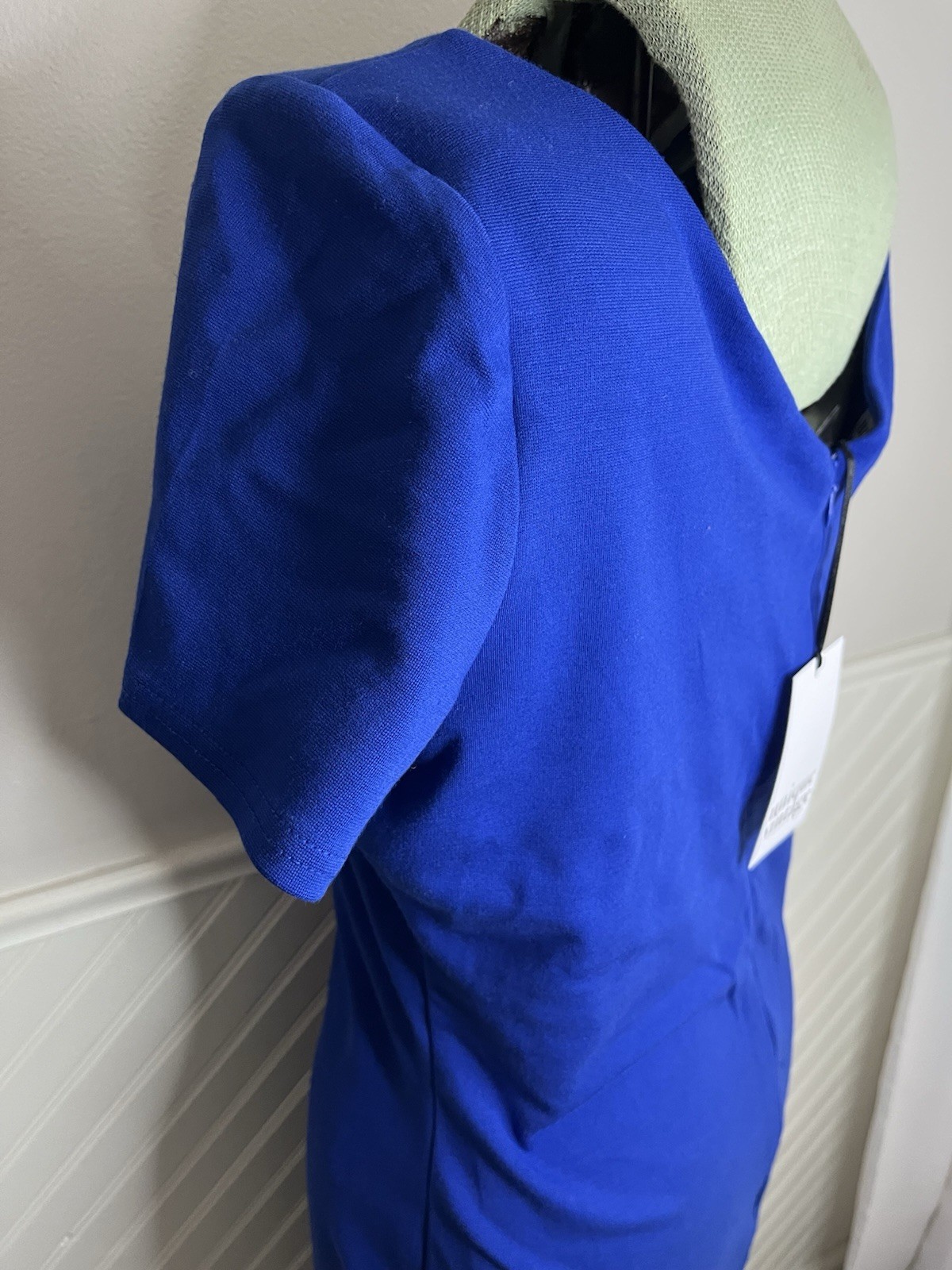 Unique Vintage Blue Solid Short Sleeve V-Neck Sheath Midi Zip Dress XL