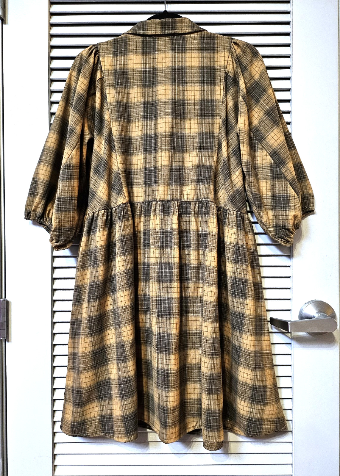 3/4 camel/black plaid button down collar dress 2XL